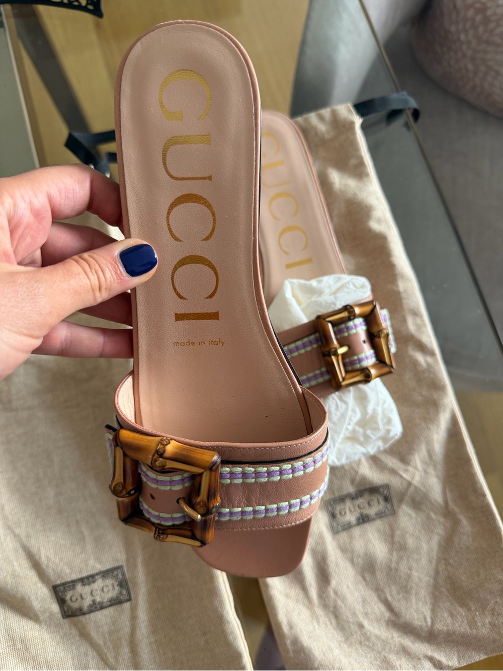 Gucci Blush Pink Bamboo Buckle Slide Sandals with Trim - Picture 2 of 9